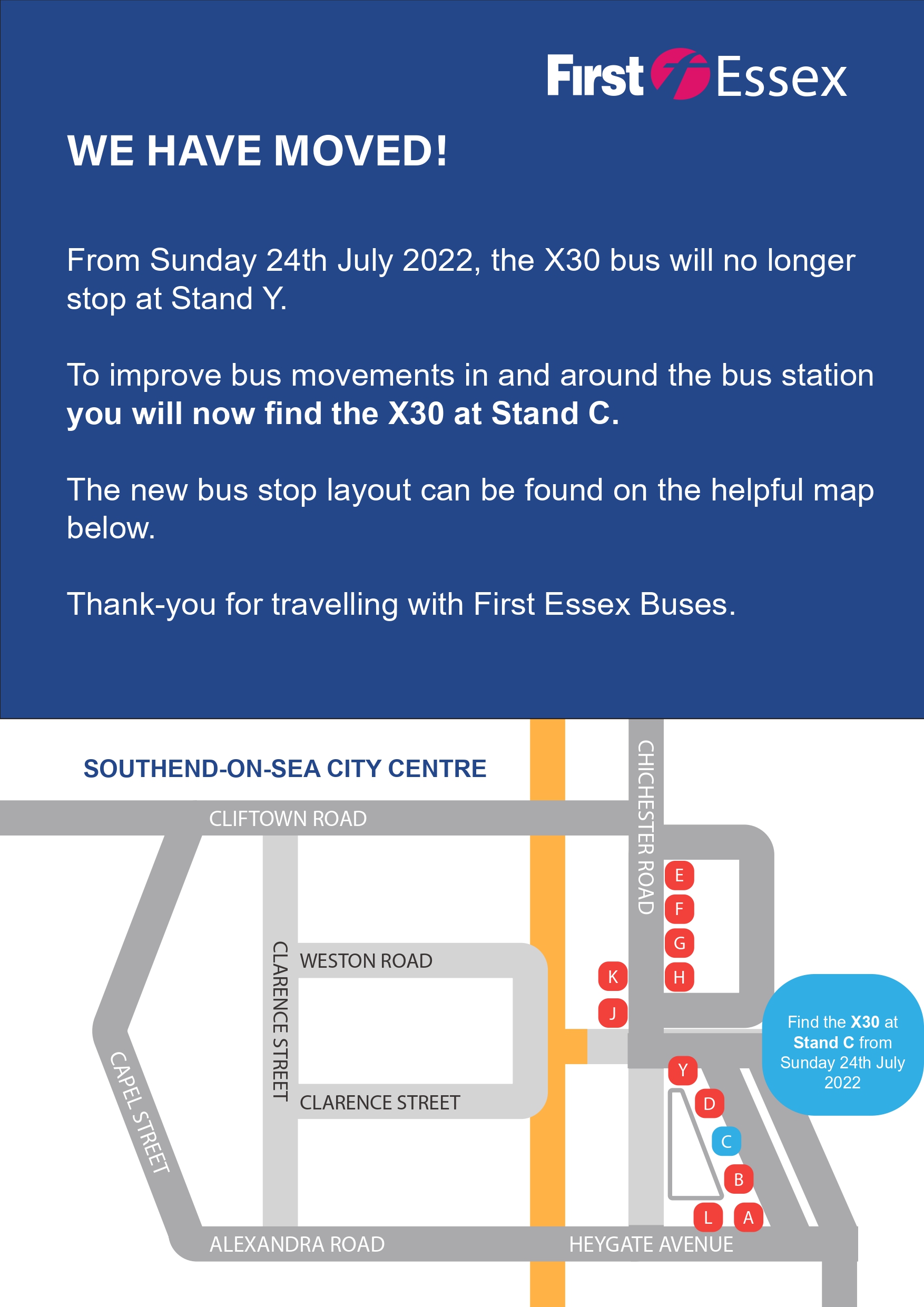 First Essex Airlink X30 Stand Change at Southend Travel Centre from Sunday 24th July 2022